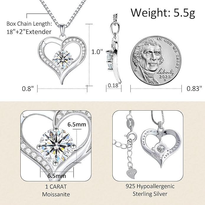 1 Carat Moissanite Heart Pendant Necklace in 925 Sterling Silver – Diamond-Like Sparkle, Romantic Gift for Her, Hypoallergenic & Tarnish-Resistant