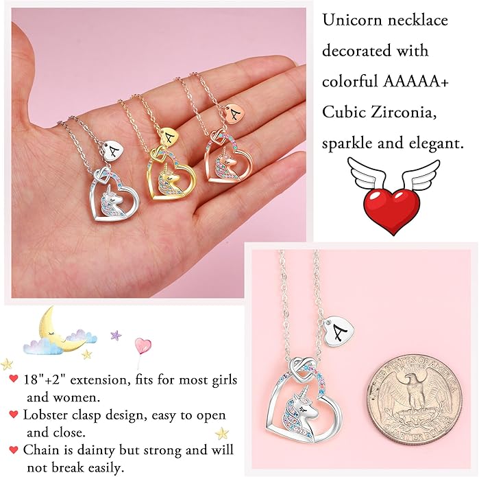 Hidepoo Unicorn Necklace Gifts for Girls Daughter - Colorful CZ Heart Pendant Initial Unicorn Necklaces for Girl Teens Little Girls Jewelry Birthday Gift