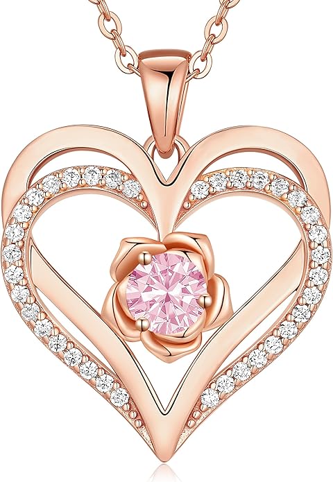 CDE S925 Silver Rose Gold Heart Birthstone Necklaces for Women，Ideal Anniversary or Birthday Jewelry Gifts for Wife Girlfriend Her