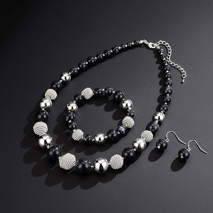 PEARL&CLUB Beaded Chunky Statement Necklace Earring and Bracelet Set Silver Metal Bead Fashion Jewelry Set Mothers’ Day Gifts for Women