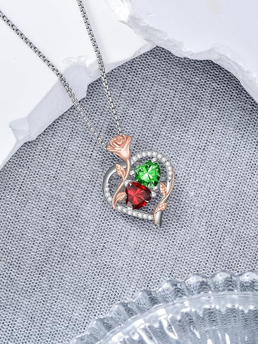 Jewelry for Her Double Heart Rose Birthstone Pendant Necklace Anniversary Jewelry Christmas Birthday Gifts for Women Wife Girlfriend