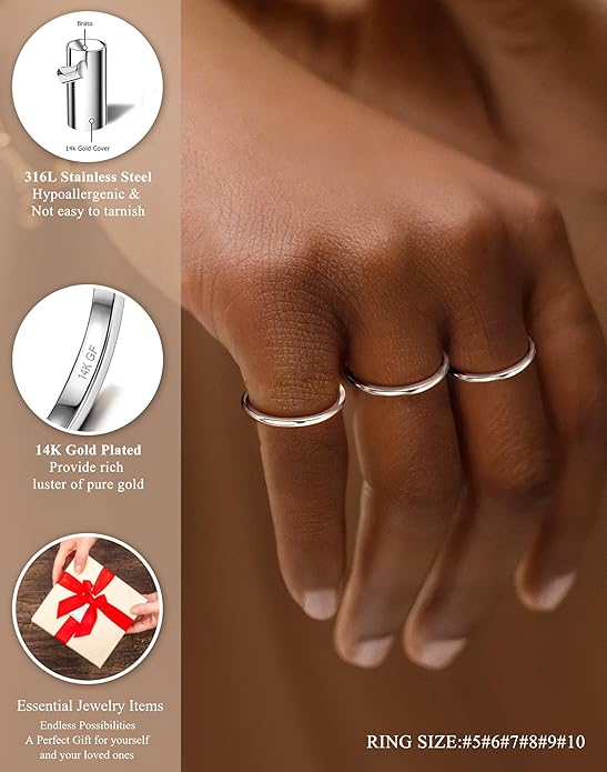 LOYALLOOK 1.5mm 14K Gold Filled Stacking Rings for Women - Stainless Steel Plain Thin Knuckle Thumb Statement Midi Band Rings - Comfort Fit Silver/Gold/Rose Tone, 3PCS