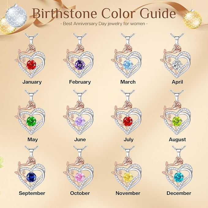 moshen Rose Heart Necklace for Women,925 Sterling Silver Birthstone Pendant - Gift for Women on Valentine's Day, Birthday, Christmas, Anniversary, Mather's Day (10-October-Opal Pink)