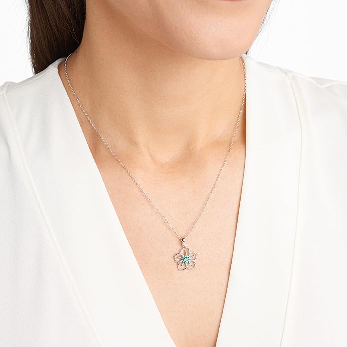 Amazon Essentials Genuine or Created Gemstone Birthstone Flower Pendant Necklace with Chain in Sterling Silver, 18" (previously Amazon Collection)