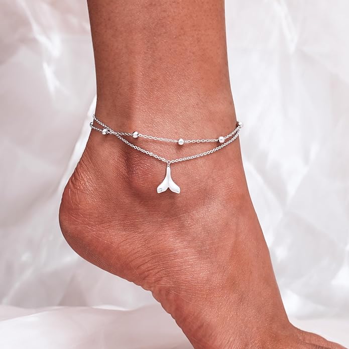 CHIC & ARTSY Womens Sterling Silver Created Opal Layered Anklet Bracelet Dainty Beaded Chain Adjustable 11" Best Friend Anklet