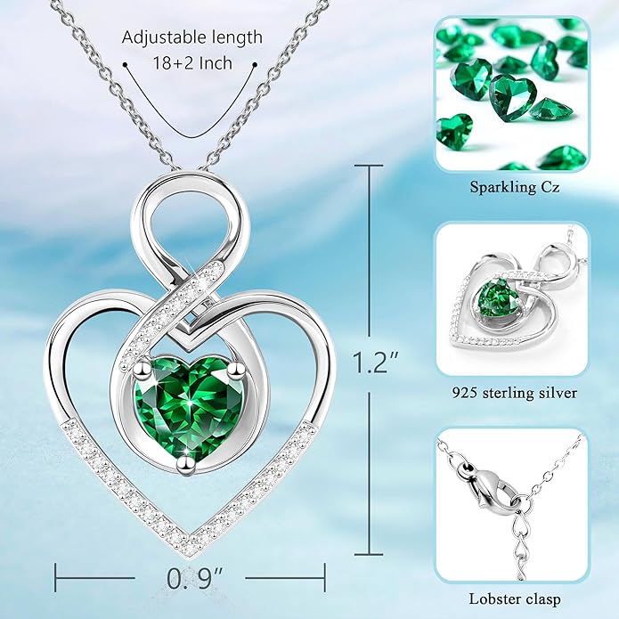 Heart Necklace for Women, 925 Silver Necklace with Infinity Heart Pendant, Personalized Birthstone Necklace Anniversary Birthday Gifts for Wife, Girlfriend, Mom