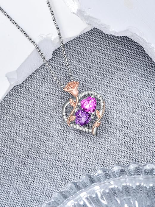 Jewelry for Her Double Heart Rose Birthstone Pendant Necklace Anniversary Jewelry Christmas Birthday Gifts for Women Wife Girlfriend