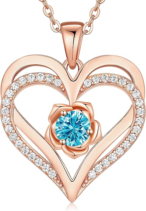 CDE S925 Silver Rose Gold Heart Birthstone Necklaces for Women，Ideal Anniversary or Birthday Jewelry Gifts for Wife Girlfriend Her