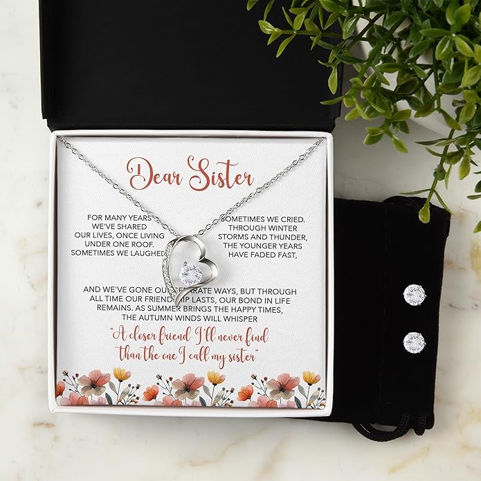 (USA-Assembled) To Sister Gift - Heart Necklace and Earring Set for Women Her Jewelry - Birthday Christmas Graduation College Female Black Box (id175)