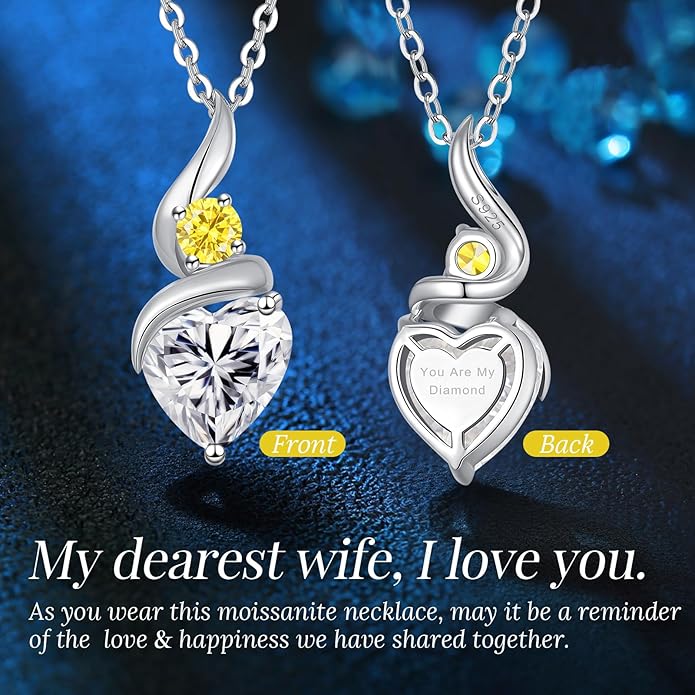 Moissanite Heart Pendant Necklaces for Women，925 Sterling Silver Gold Plating Necklace with Birthstone，Ideal Anniversary Present or Birthday Christmas Valentine Engagements Mothers Day Jewelry Gifts for Mom Wife Her Girlfriend