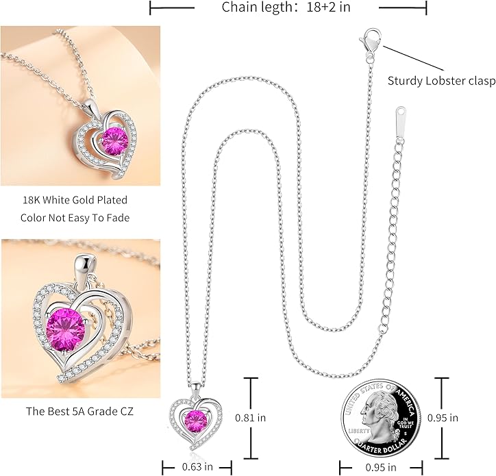 Heart Necklace, I Love You Always & Forever, Birthstone Cubic Zirconia Pendant, Gift for Women