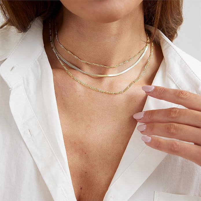 ASCOMY Layered Necklaces for Women Dainty Gold Necklace 14K Gold Plated Herringbone Necklace for Women Pearl Cross Necklace Paperclip Cuban Figaro Rope Satellite Chain Gold Choker Trendy Jewelry Gift