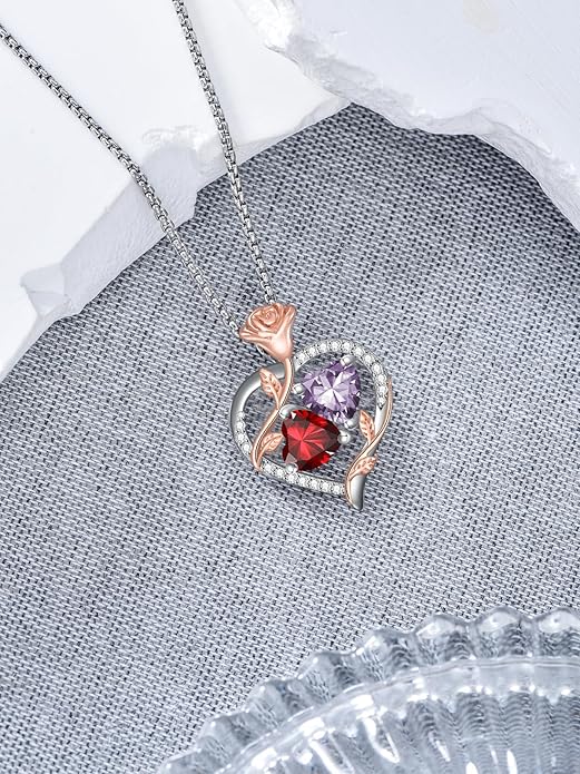 Jewelry for Her Double Heart Rose Birthstone Pendant Necklace Anniversary Jewelry Christmas Birthday Gifts for Women Wife Girlfriend