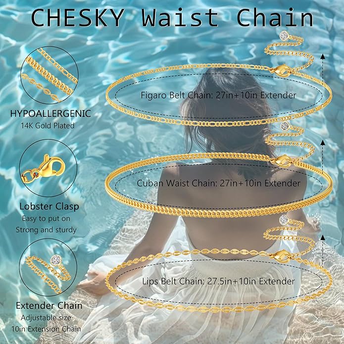 CHESKY Gold Waist Chain for Women, 14K Gold Plated Silver Layered Belly Belt Chains Sexy Bikini Beach Waist Beads Chain Waterproof Snake Pearl Cuban Body Chain Summer Jewelry Accessories for Women