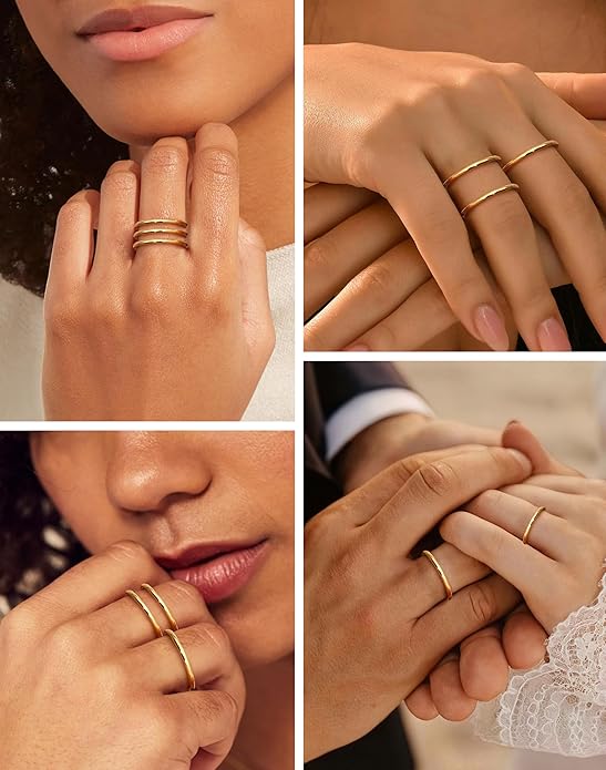 LOYALLOOK 1.5mm 14K Gold Filled Stacking Rings for Women - Stainless Steel Plain Thin Knuckle Thumb Statement Midi Band Rings - Comfort Fit Silver/Gold/Rose Tone, 3PCS