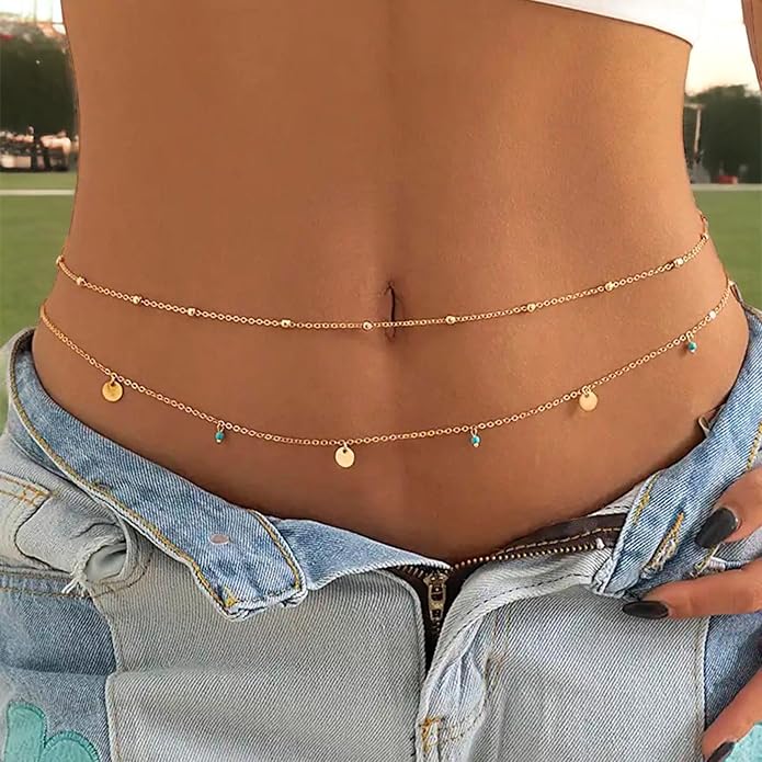 Turandoss 1-3PCS 18K Gold Plated Waist Chains for Women - Gold Layered Belly Body Chain for The Waist Adjustable Multilayer Sexy Bikini Waist Chain for Women Dainty Beach Waist Jewelry for Women