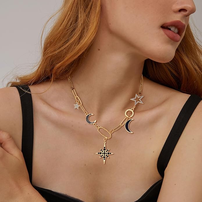 Charm Necklace for Women Gold Evil Eye Sun Moon Flower Coin Pendant Necklace Dainty Paperclip Chain Vintage Luck Amulet Choker Necklaces Celestial Jewelry Gift