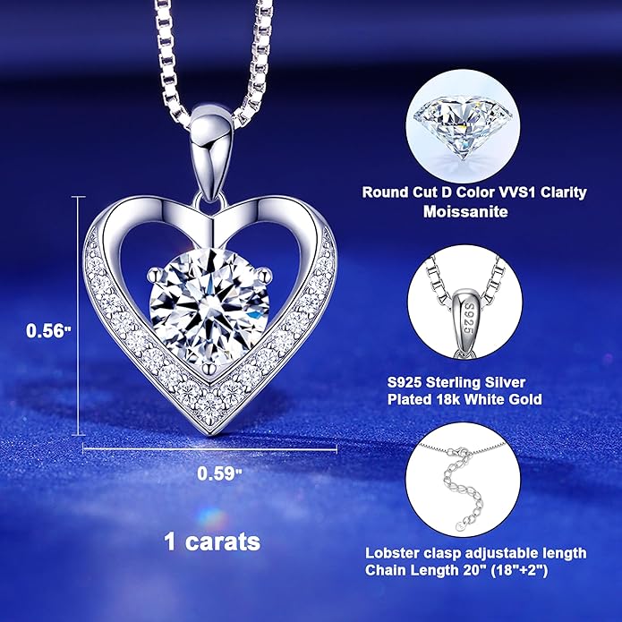 Moissanite Necklace for Women, Heart Pendant Engraved 'I Love You' Gifts for Wife, Valentine's Day Gift Anniversary Eternity Birthday Present Sterling Silver Jewelry for Her