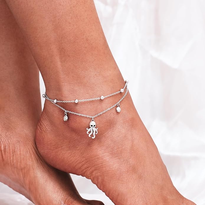 CHIC & ARTSY Womens Sterling Silver Created Opal Layered Anklet Bracelet Dainty Beaded Chain Adjustable 11" Best Friend Anklet