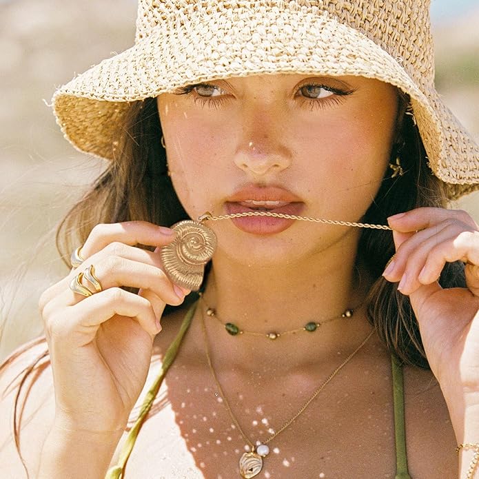 18k Gold Chain Link Necklace for Women, Baroque Pearl/Compass Pendant Necklace