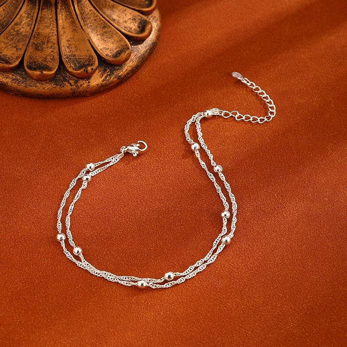 Ankle Bracelets for Women 14K Real Gold Silver Plated Ankle Bracelets Waterproof Heart Beads Rope Satellite Anklets Set Adjustable Layered Anklet Bracelets No Tarnish Summer Beach Jewelry Gift