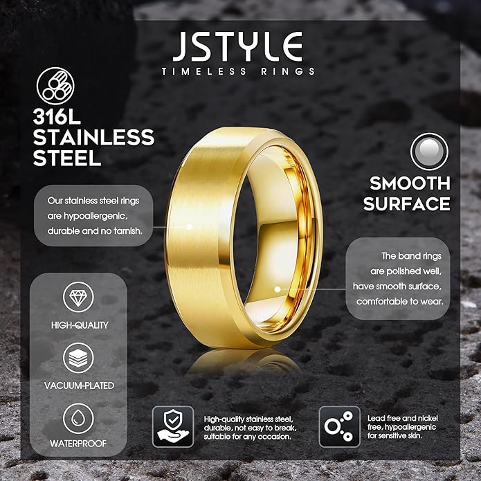 Jstyle Stainless Steel Rings for Men Women 8MM Wedding Band Rings Matte Surface - Beveled Polished Edge Mens Ring Size 6-14