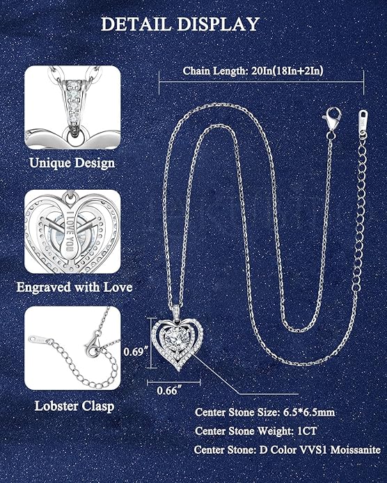 Moissanite Necklace for Women,1-2 Carat Heart Necklace Pendant Engraved with 'I LOVE YOU', 18K Gold Plated S925 Silver Jewelry Anniversary Birthday Gift for Girlfriend Wife Mom