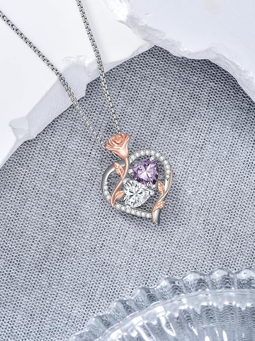 Jewelry for Her Double Heart Rose Birthstone Pendant Necklace Anniversary Jewelry Christmas Birthday Gifts for Women Wife Girlfriend
