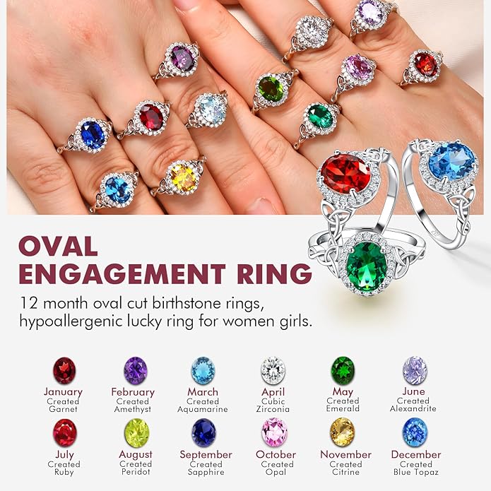 DAYBYDAY Celtic Birthstone Rings for Women 925 Sterling Silver Heart/Round/Pear/Oval Created Gemstone Moissanite Halo Engagement Promise Rings for Her Wife Birthday Anniversary Wedding Jewelry