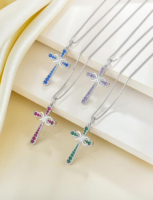YL 925 Sterling Silver Cross Necklace for Women Halo Infinity Pendant Birthstone Jewelry for Mom