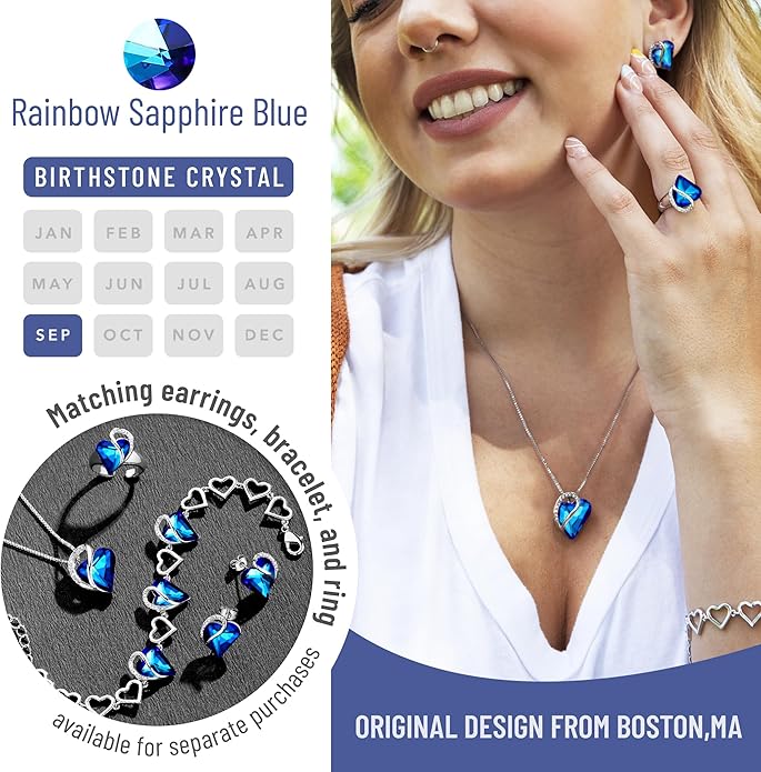 Necklaces for Women, Infinity Love Birthstone Heart Crystal Pendant, Birthday Jewelry Gifts for Her, Mom, and Wife, Silver Plated, 18 plus 2 inch Adjustable Chain