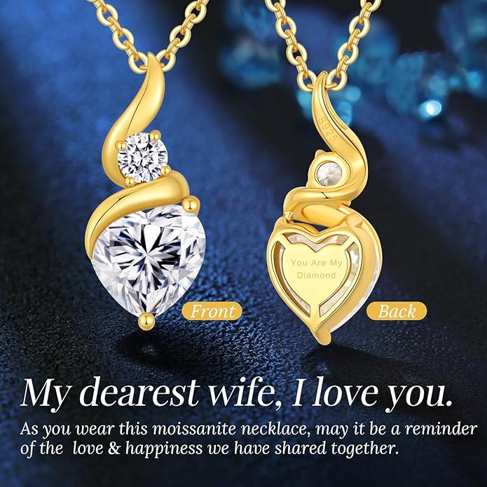 Moissanite Heart Pendant Necklaces for Women，925 Sterling Silver Gold Plating Necklace with Birthstone，Ideal Anniversary Present or Birthday Christmas Valentine Engagements Mothers Day Jewelry Gifts for Mom Wife Her Girlfriend