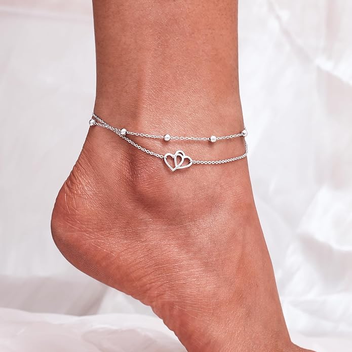 CHIC & ARTSY Womens Sterling Silver Created Opal Layered Anklet Bracelet Dainty Beaded Chain Adjustable 11" Best Friend Anklet