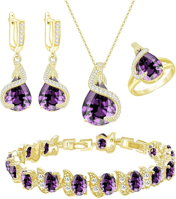 GZWHD Jewelry Set for Women Water Drop Cubic Zirconia Artificial Crystal Earrings Pendant Necklace Open Ring Tennis Bracelet Wedding Anniversary Birthday Engagement Gift for Bridesmaid Wife Girlfriend Friend