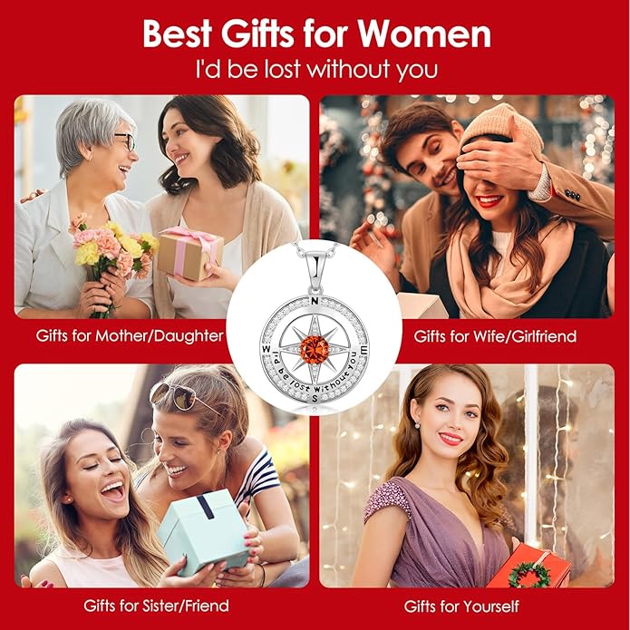 Compass Necklace Gifts for Women wife - S925 Sterling Silver Birthstone Necklaces for Women - Anniversary Birthday Gifts for Her Wife Girlfriend - Valentines Mom Mothers Day Christmas Gifts Jewelry for Women