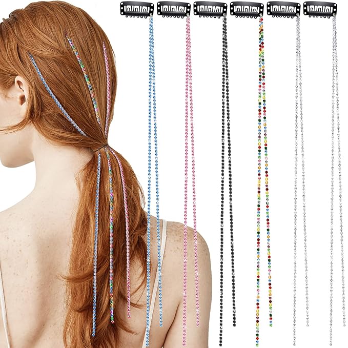 Chunyin 6 Pcs Rhinestone Hair Chains for Women Pearl Charm Rhinestone Hair Jewelry Accessories Crystal Extensions Clips Silver Gold Pins for Braids(Shiny Multi Color)
