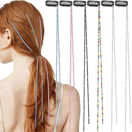 Chunyin 6 Pcs Rhinestone Hair Chains for Women Pearl Charm Rhinestone Hair Jewelry Accessories Crystal Extensions Clips Silver Gold Pins for Braids(Shiny Multi Color)