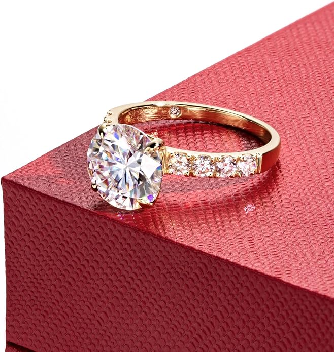 14K Solid Gold Side Stones Ring, Round/Princess Cut Centerpiece Moissanite Lab Grown Created Diamond, D Color and Flawless Real Gold Wedding Anniversary Ring