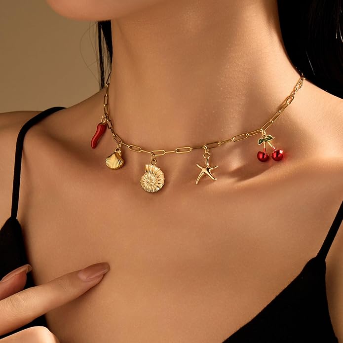 Choistily Charm Necklace Dainty Gold Western Outfit Beach Jewelry for Women Trendy Cowgirl Accessories for Women Gold Bow Sea Shell Pendant Necklace Preppy Stuff Summer Jewelry 2025