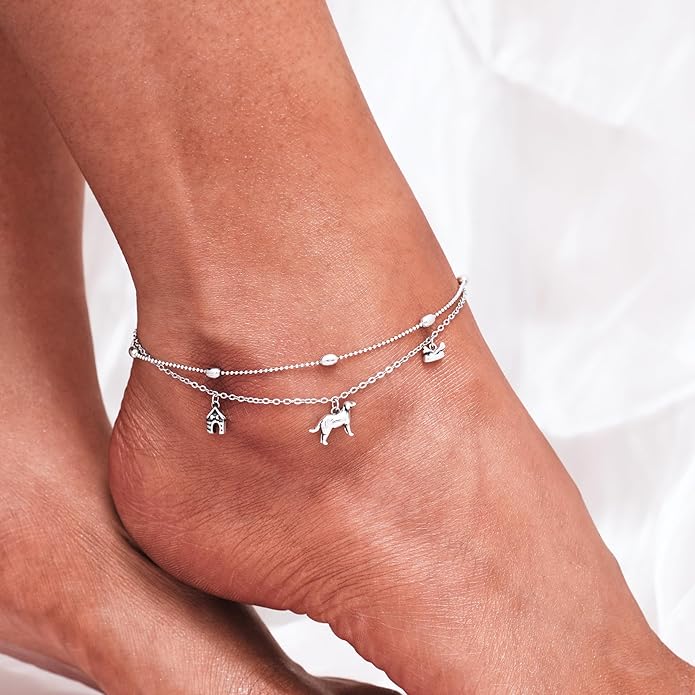 CHIC & ARTSY Womens Sterling Silver Created Opal Layered Anklet Bracelet Dainty Beaded Chain Adjustable 11" Best Friend Anklet