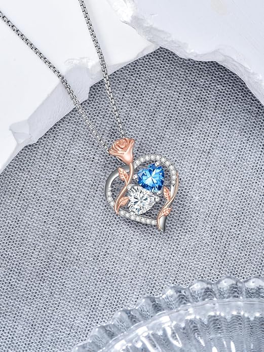 Jewelry for Her Double Heart Rose Birthstone Pendant Necklace Anniversary Jewelry Christmas Birthday Gifts for Women Wife Girlfriend