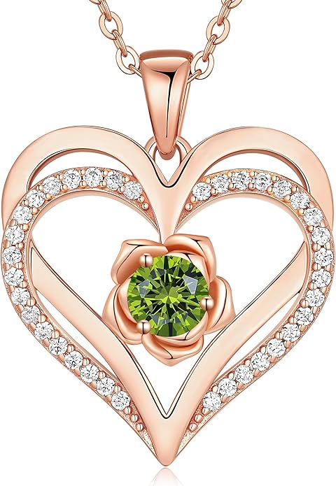 CDE S925 Silver Rose Gold Heart Birthstone Necklaces for Women，Ideal Anniversary or Birthday Jewelry Gifts for Wife Girlfriend Her
