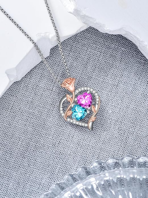 Jewelry for Her Double Heart Rose Birthstone Pendant Necklace Anniversary Jewelry Christmas Birthday Gifts for Women Wife Girlfriend