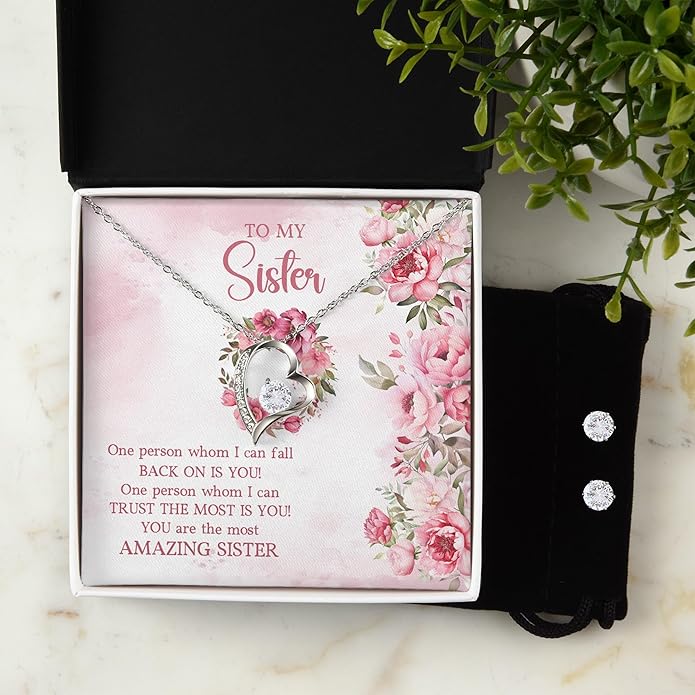 (USA-Assembled) To Sister Gift - Heart Necklace and Earring Set for Women Her Jewelry - Birthday Christmas Graduation College Female Black Box (id190)
