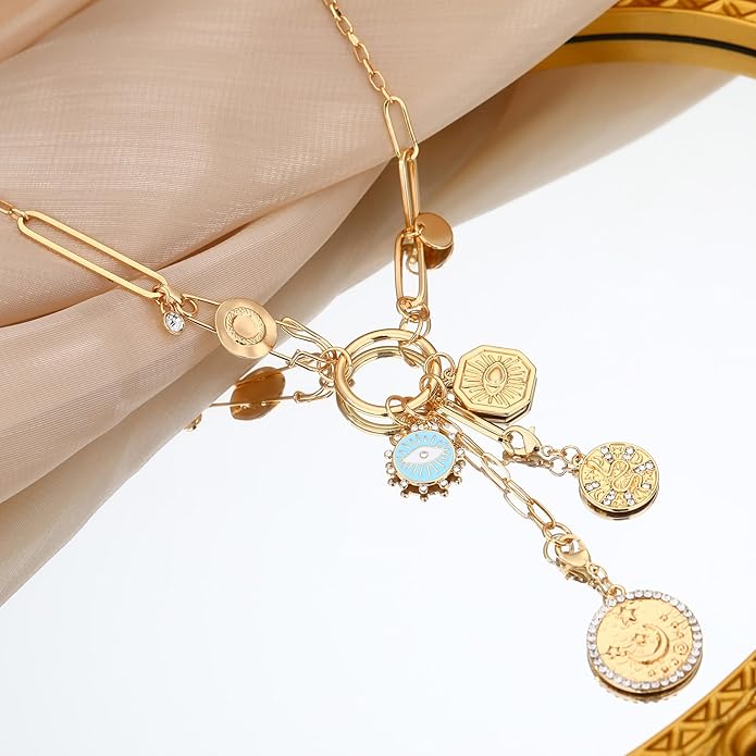 Charm Necklace for Women Gold Evil Eye Sun Moon Flower Coin Pendant Necklace Dainty Paperclip Chain Vintage Luck Amulet Choker Necklaces Celestial Jewelry Gift