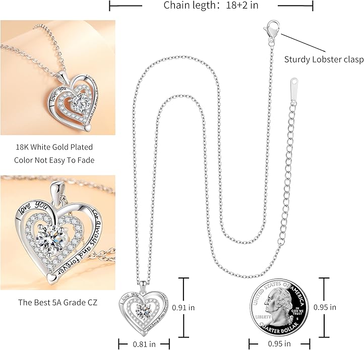 Heart Necklace, I Love You Always & Forever, Birthstone Cubic Zirconia Pendant, Gift for Women