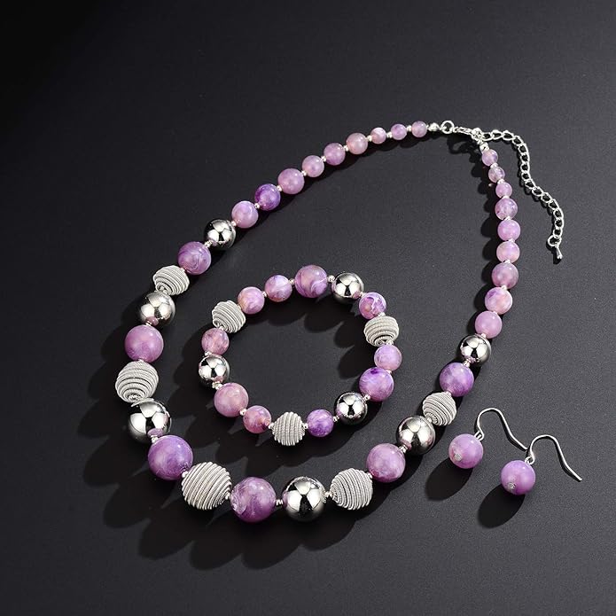 PEARL&CLUB Beaded Chunky Statement Necklace Earring and Bracelet Set Silver Metal Bead Fashion Jewelry Set Mothers’ Day Gifts for Women