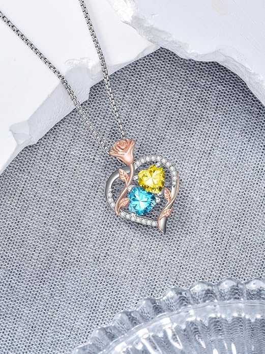 Jewelry for Her Double Heart Rose Birthstone Pendant Necklace Anniversary Jewelry Christmas Birthday Gifts for Women Wife Girlfriend