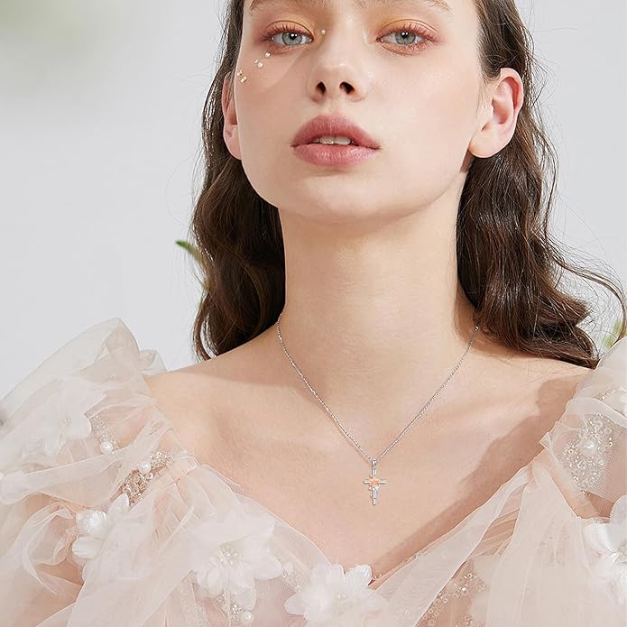 Flower Cross Necklace 925 Sterling Silver Carnation/Rose/Lily/Daisy Cross Necklace Birth Flower Jewelry for Women