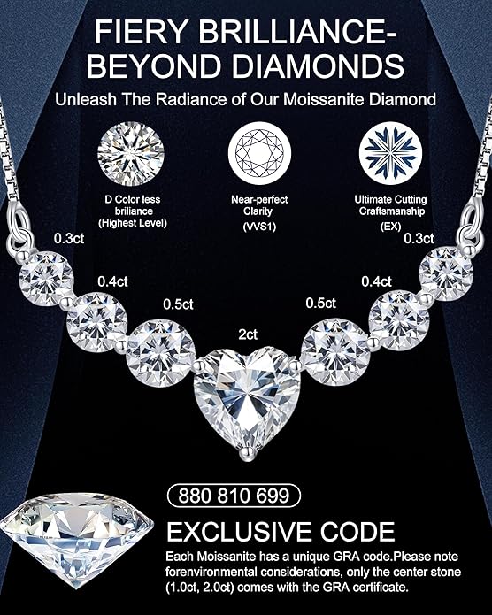 Moissanite Necklace for Women, 1.7-7.6 Carat Heart Necklace Engraved 'I LOVE YOU' Gift for Wife, Wedding Anniversary Birthday Gifts for Women, Jewelry Gifts for Her Wife Mom Girlfriend Lady